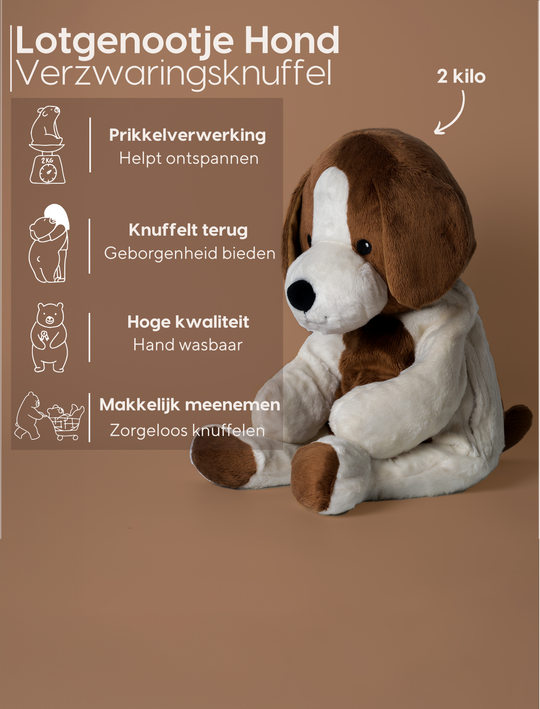 Verzwaringsknuffel hond, 2kg zwaar, knuffelt terug, overal verzwaard, Hoge kwaliteit, handwasbaar, Makkelijk meenemen, zorgeloos knuffelen